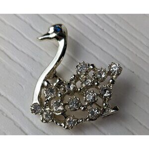 Vintage silver/gold tone blue & clear Rhinestone Swan Figural Pin Brooch